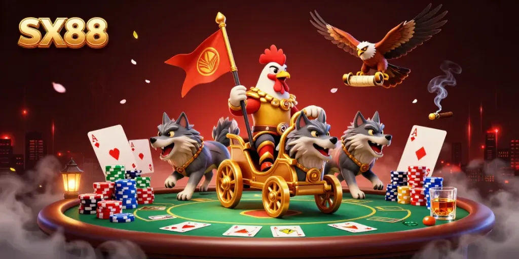 SX88 casino illustration featuring a rooster warlord and poker elements in a dynamic scene