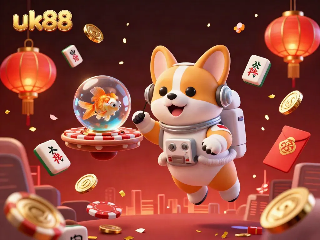 Experience gaming excitement at uk88 with a floating corgi astronaut and vibrant casino elements.