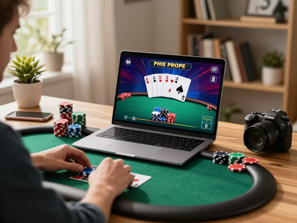 Engaged player enjoying qq88 online poker, showcasing strategy and excitement in a cozy home setting.