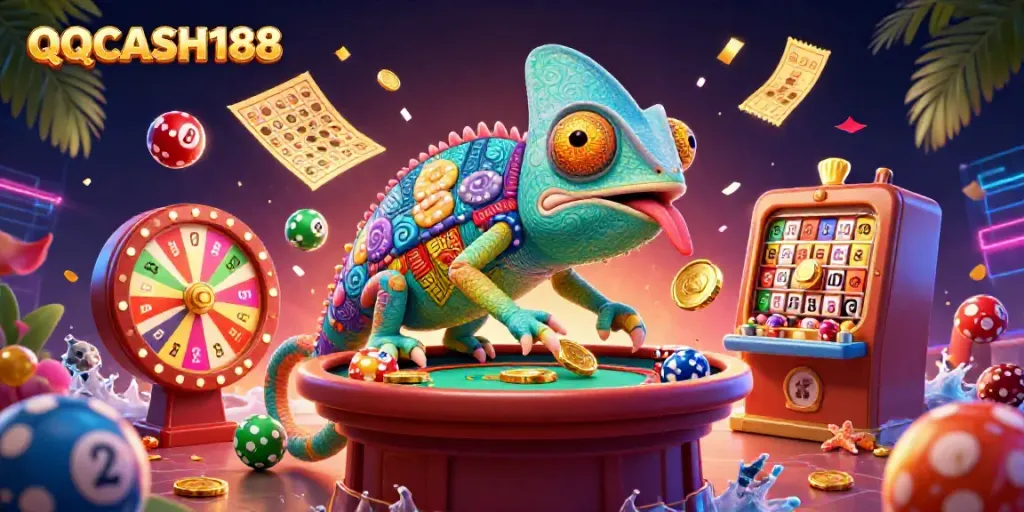 Engage in thrilling gameplay at QQCASH188 with colorful lottery elements and dynamic casino scenes.