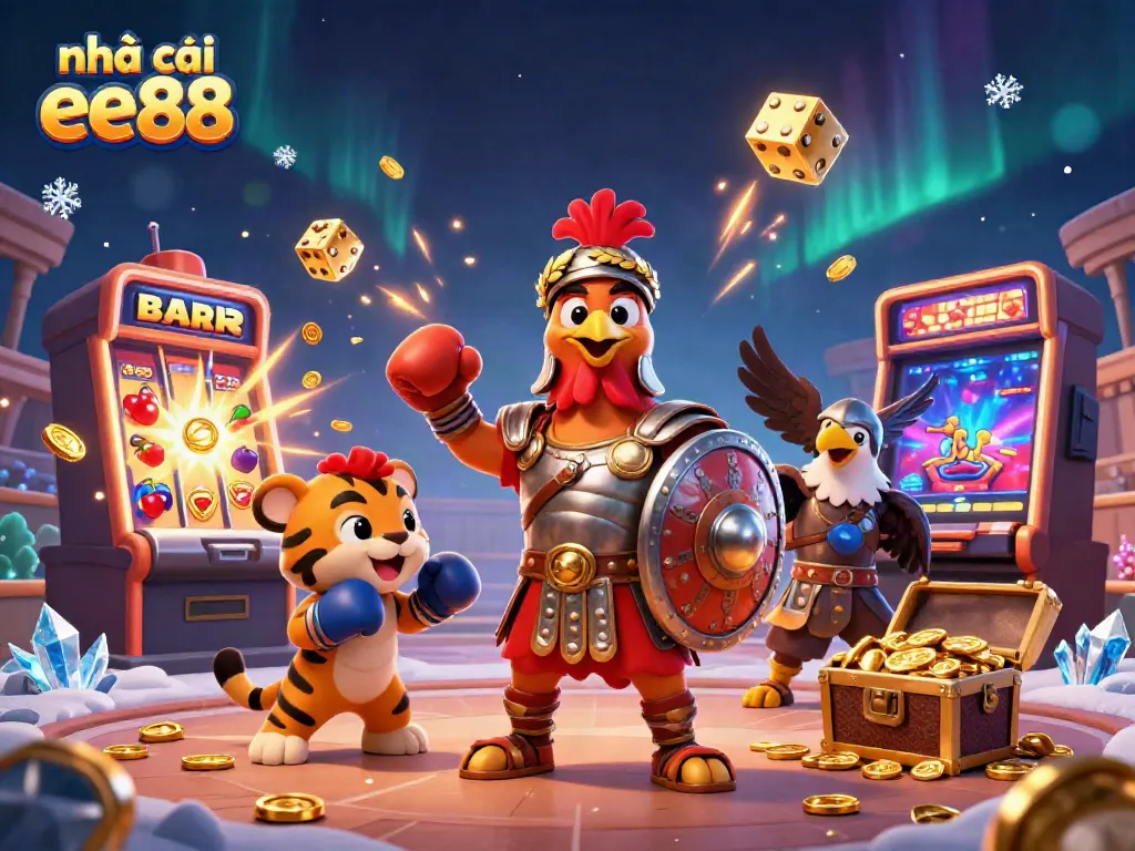 The dynamic scene with nhà cái ee88 featuring a gladiator rooster in armor, surrounded by explosive casino elements and colorful game symbols.
