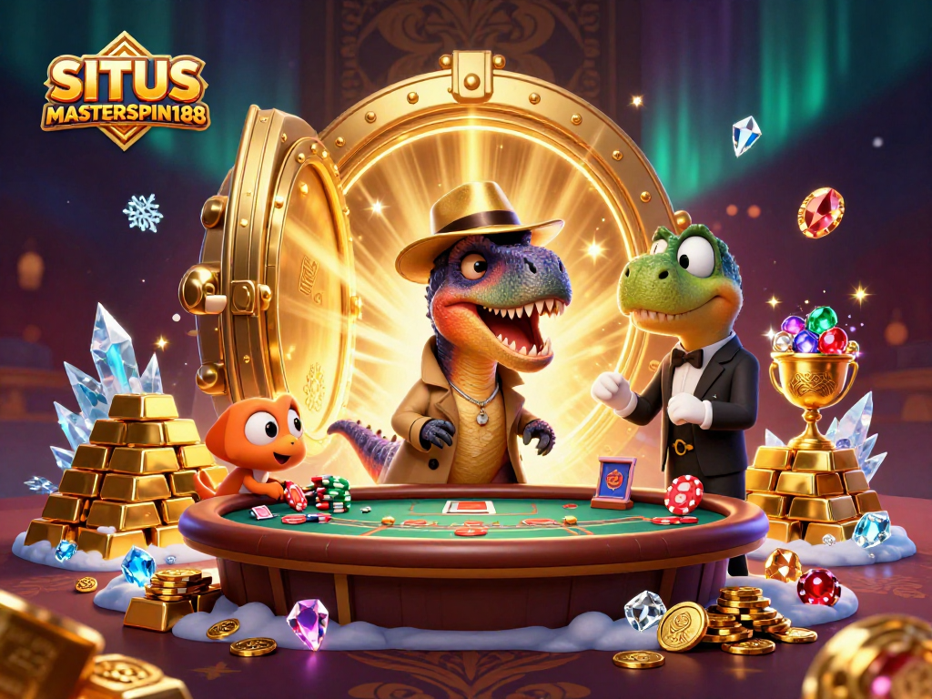 Experience thrilling gameplay at SITUS MASTERSPIN188 with a colorful casino scene featuring intricate characters and golden treasures.