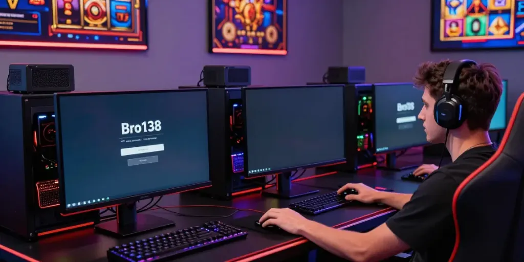 Bro138 login interface in a high-availability gaming hub showing a focused gamer in a vibrant gaming environment.