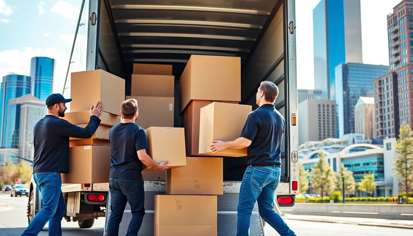 Long distance movers Calgary efficiently packing and loading at a vibrant city backdrop.