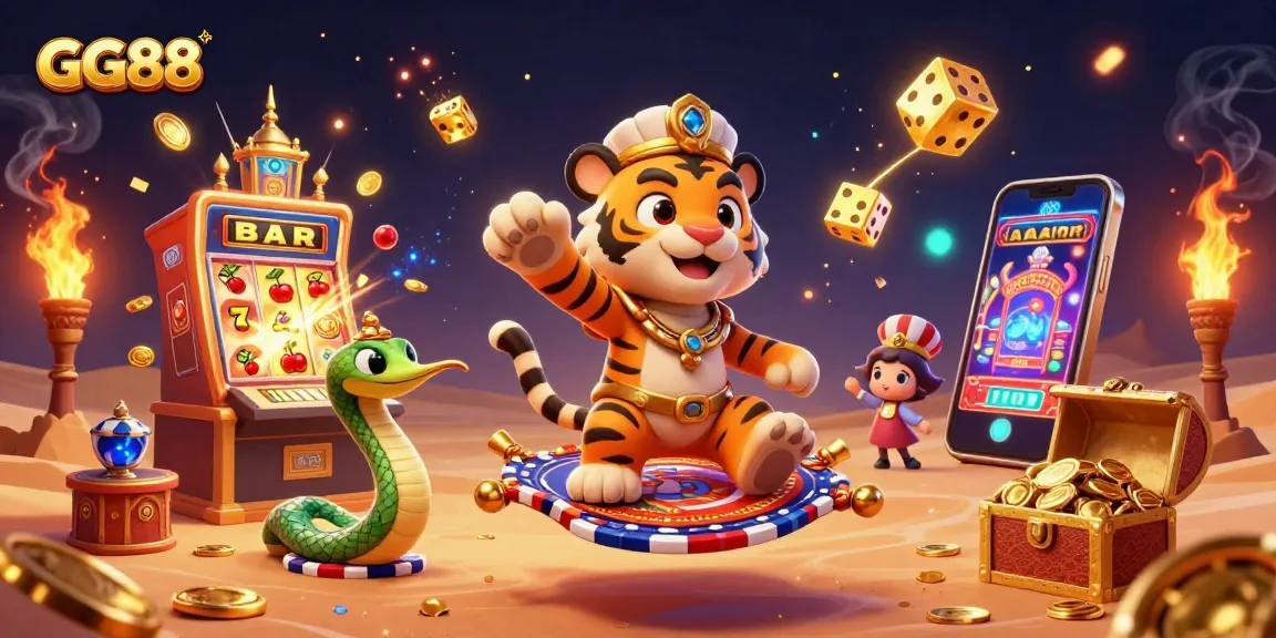 Experience excitement with GG88 as the tiger sultan rides a carpet of poker chips in a vibrant casino scene.