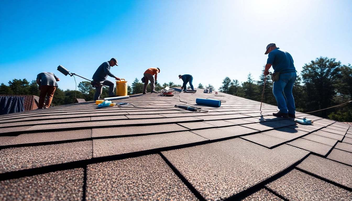 Skilled roofing company team installing shingles on a residential home under a clear blue sky.
