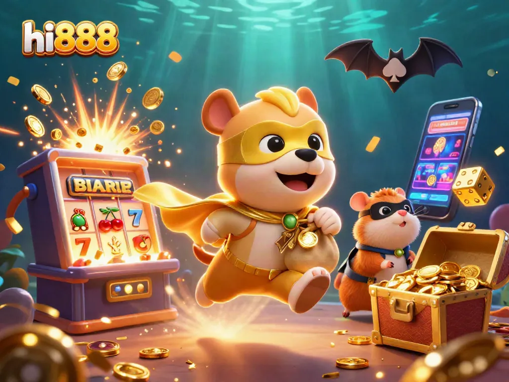 Engage with hi888's thrilling gaming world featuring a superhero dog and vibrant casino elements.