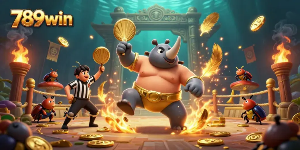 Experience thrilling action with 789win as a rhinoceros beetle champion stomps amidst flying coins.
