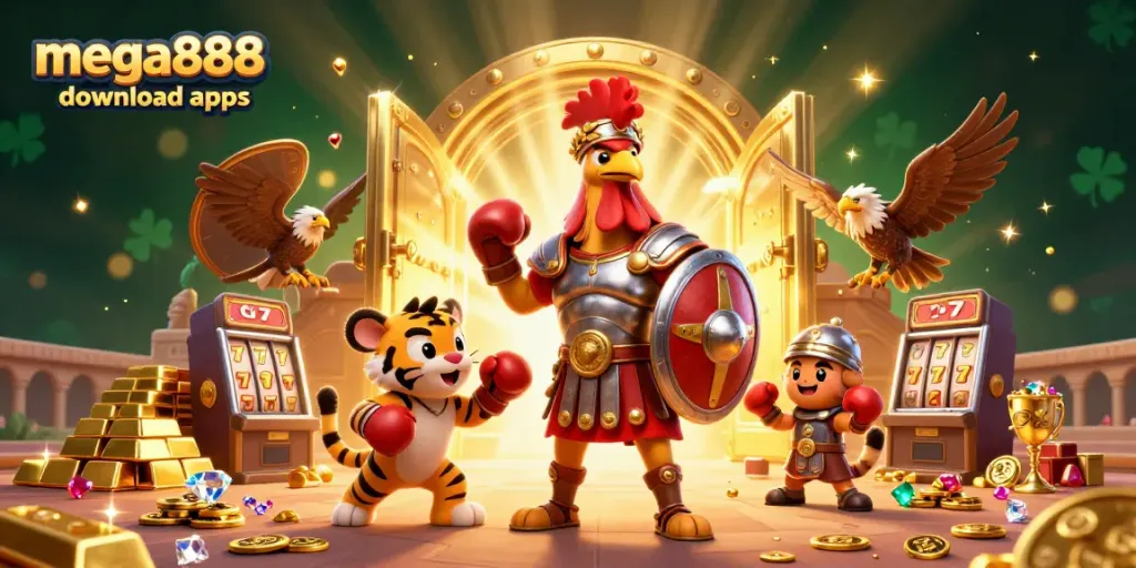 Spin and win with mega888 download apps while enjoying vibrant casino-themed 3D art.