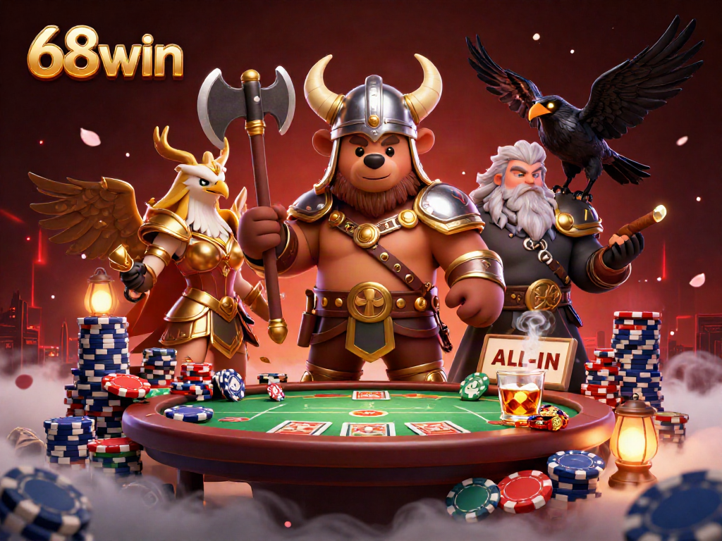 Engage in thrilling poker action with 68win's illustrated Viking characters and vibrant casino elements.