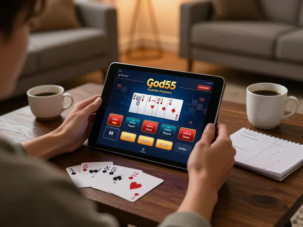 Engaging in online gambling at god55 casino on a tablet in a cozy home setting