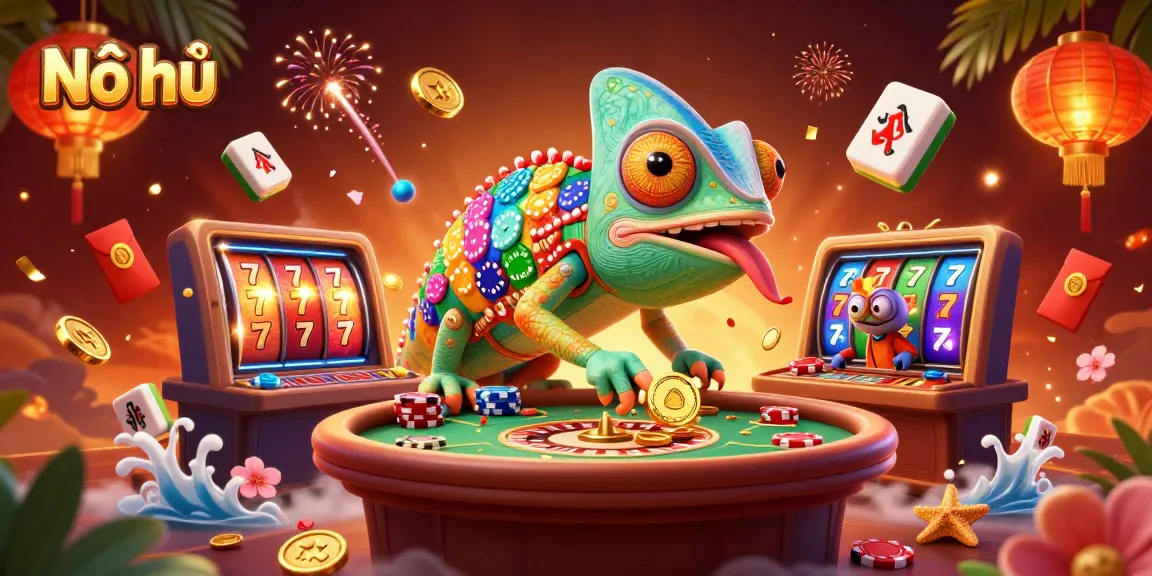 Nổ hũ: Engage with vibrant slot reels and a charming chameleon in this lively casino scene.