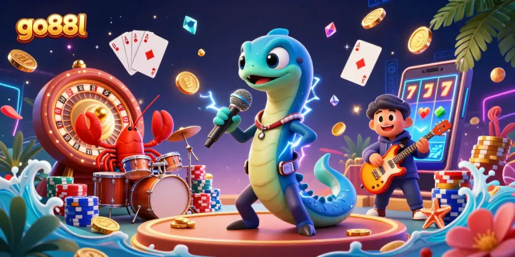 Spin and win with go88l in this vibrant underwater casino scene featuring electric eel DJ, lobster drummer, and seahorse guitarist.