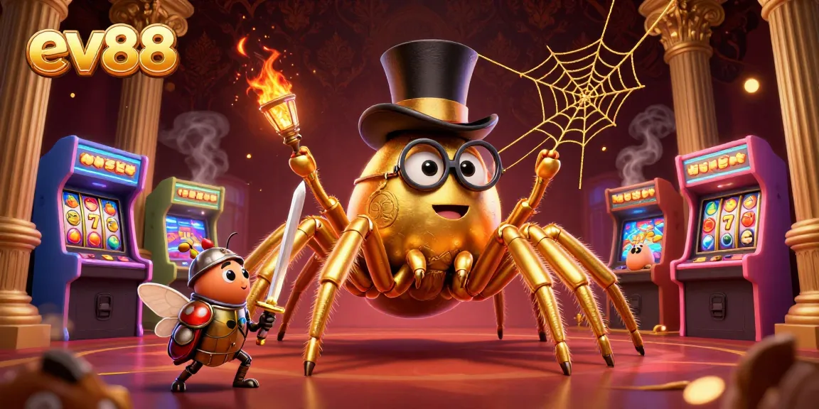 Experience the thrill of ev88 as a golden tarantula weaves a web of excitement amidst vibrant casino elements.