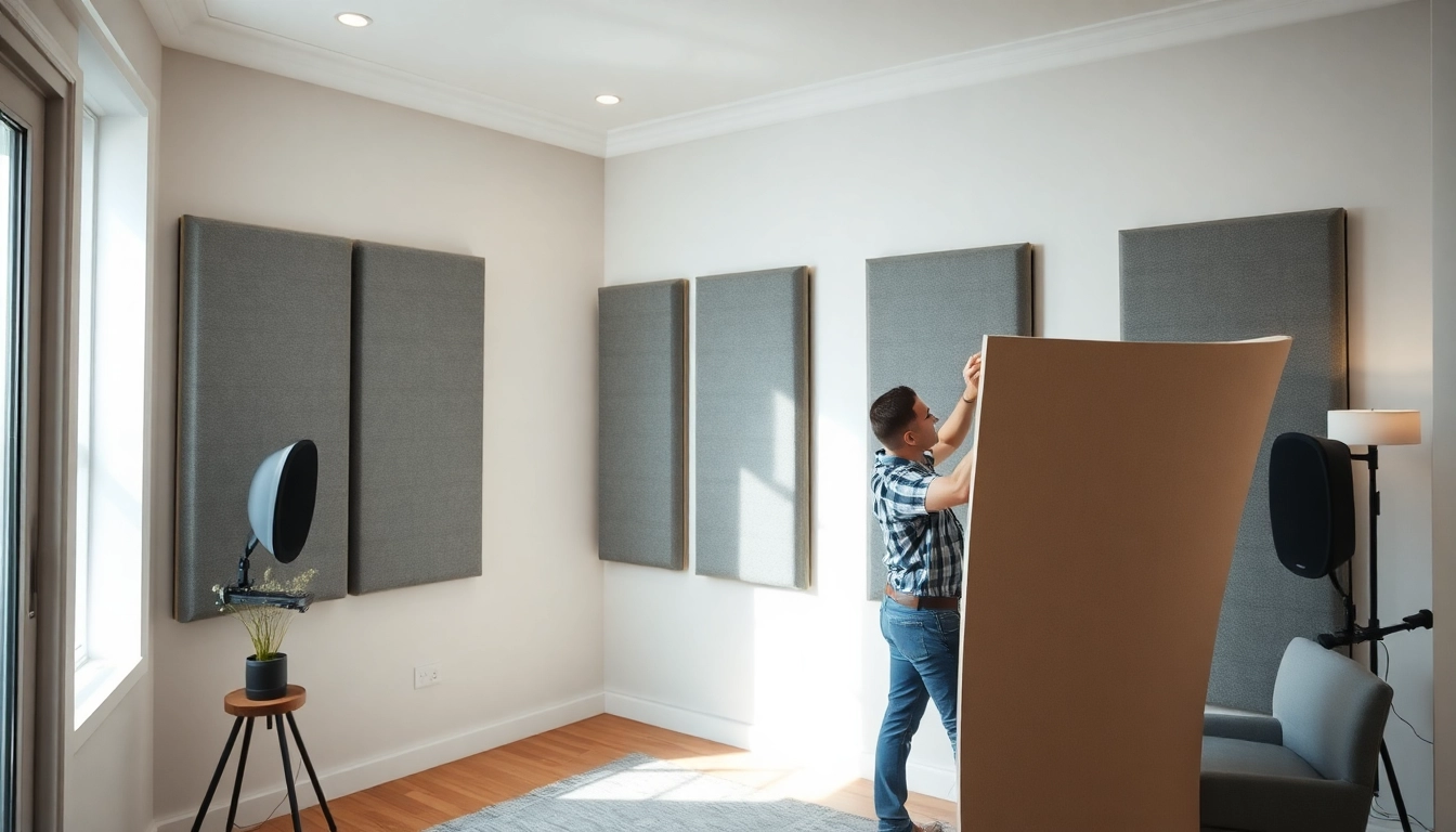 Soundproofing panels installation in a modern room by a technician.