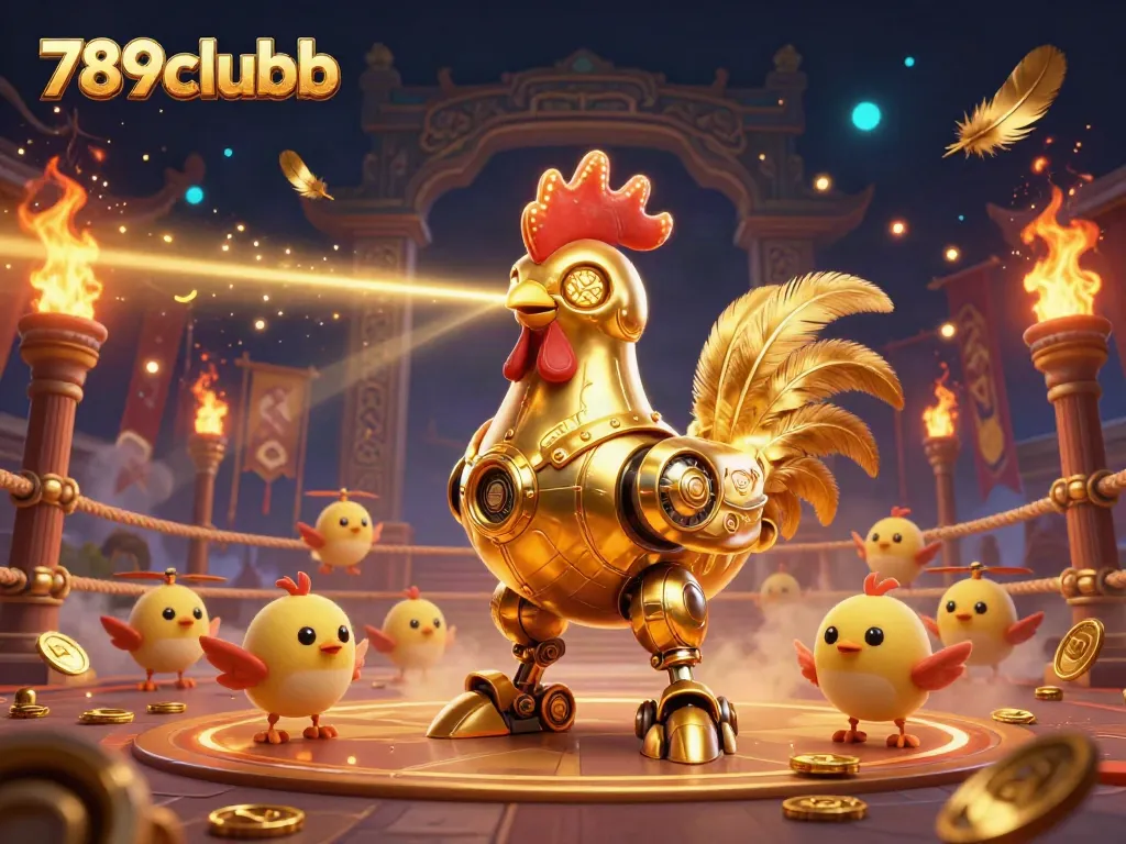 Bet on vibrant action as 789clubb showcases a retro-futuristic golden rooster with laser beams and animated chick drones.