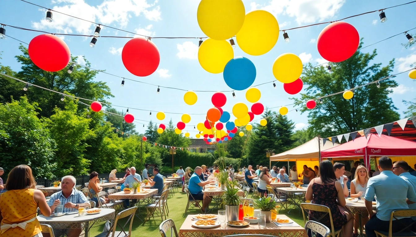 Guests celebrating with outdoor party rentals in a vibrant, sunny atmosphere.