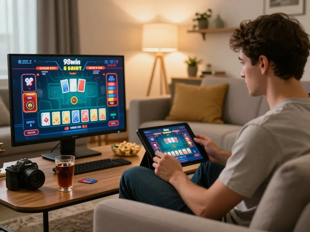 Engaging with 98win online casino on a tablet in a cozy home setting, showcasing a warm atmosphere and strategic gameplay.