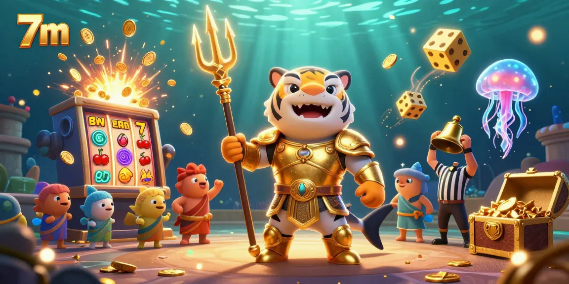 Experience 7m's thrilling underwater jackpot with a tiger shark in gladiator armor amidst vibrant casino action.