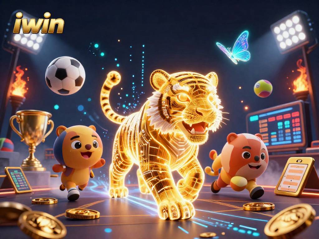 Engage in thrilling iwin gaming with neon-wireframe tiger in a vibrant digital casino.