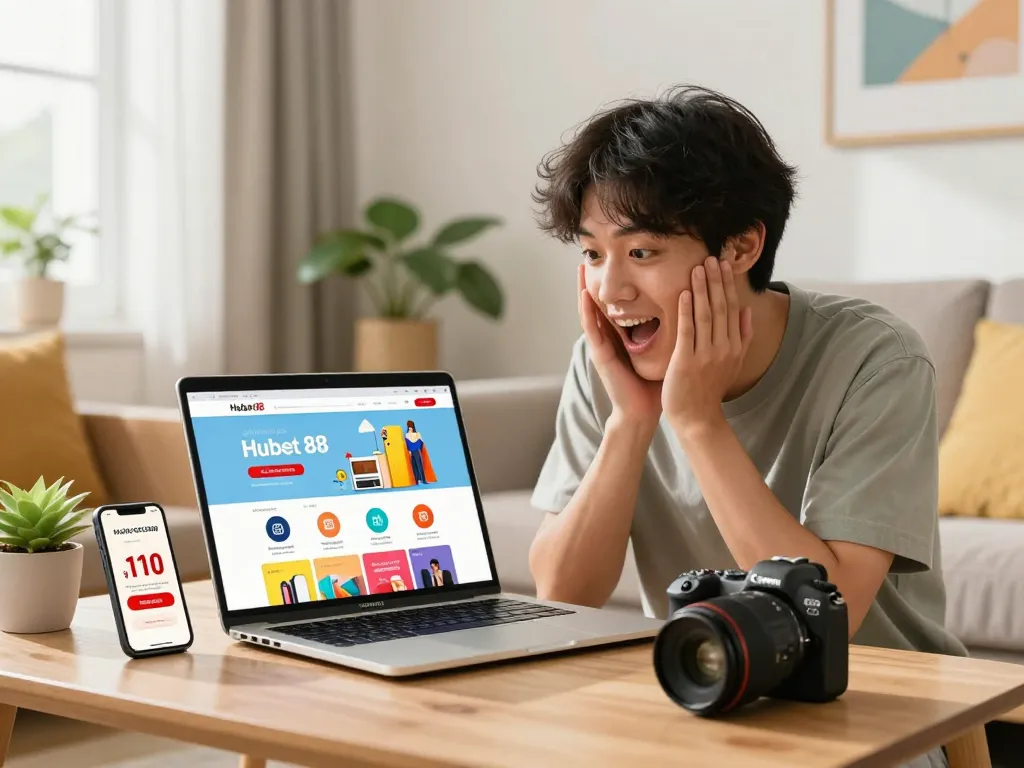 Excited customer engaging with Hubet 88's online shopping platform in a cozy setting.