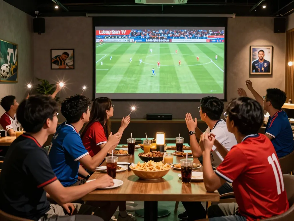 Lương Sơn TV live soccer match scene with passionate fans enjoying the game together.