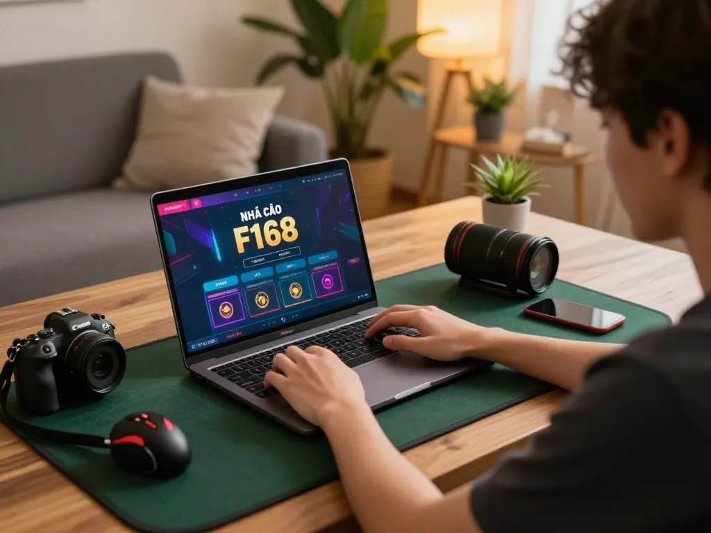 Engaged player using laptop for NHÀ CÁI F168 online gambling in cozy setting.