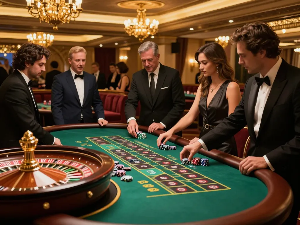 CM88 players celebrating at a roulette table, vibrant casino atmosphere with focused gameplay and elegant decor.