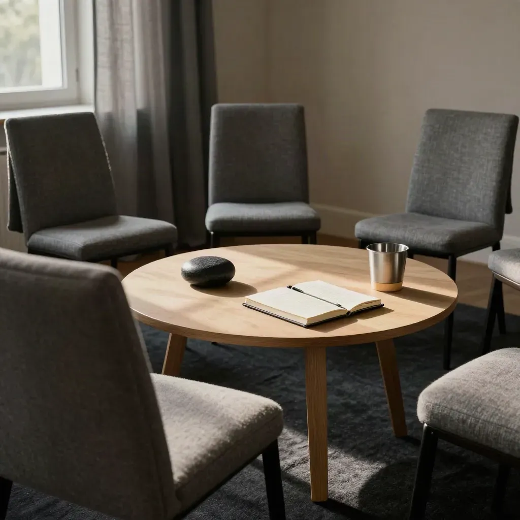 Empty coaching circle with four chairs, round table, notebook and stone in soft late-day light.