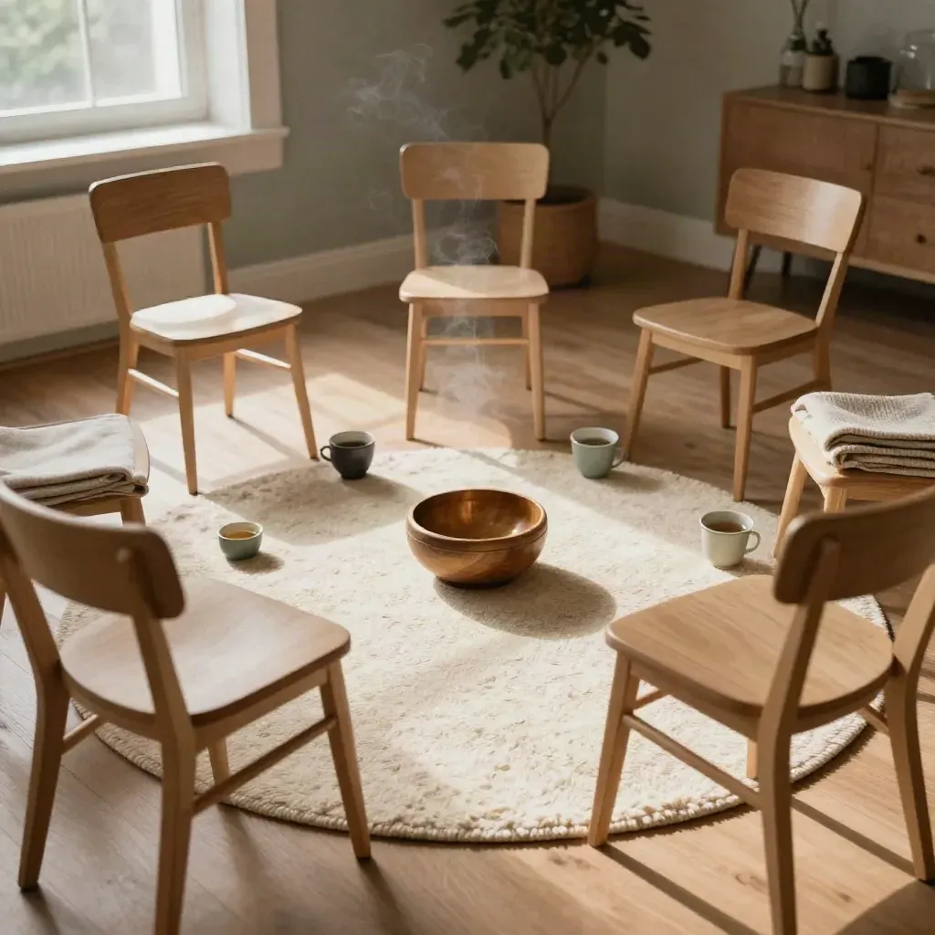 A circle of chairs with tea, blankets, and a speaking bowl in warm window light after a support circle.