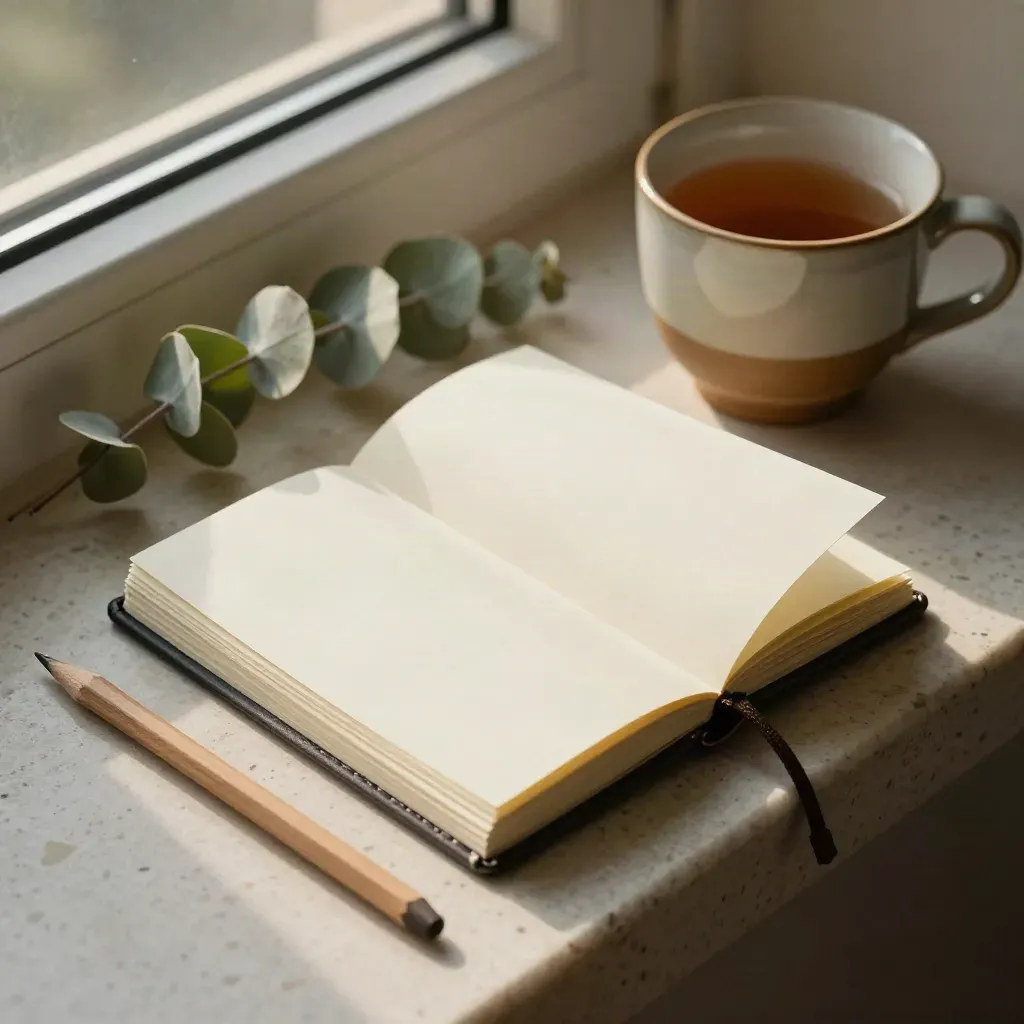 Peer note booklets, ceramic cup, pencil, and eucalyptus on travertine in soft light.