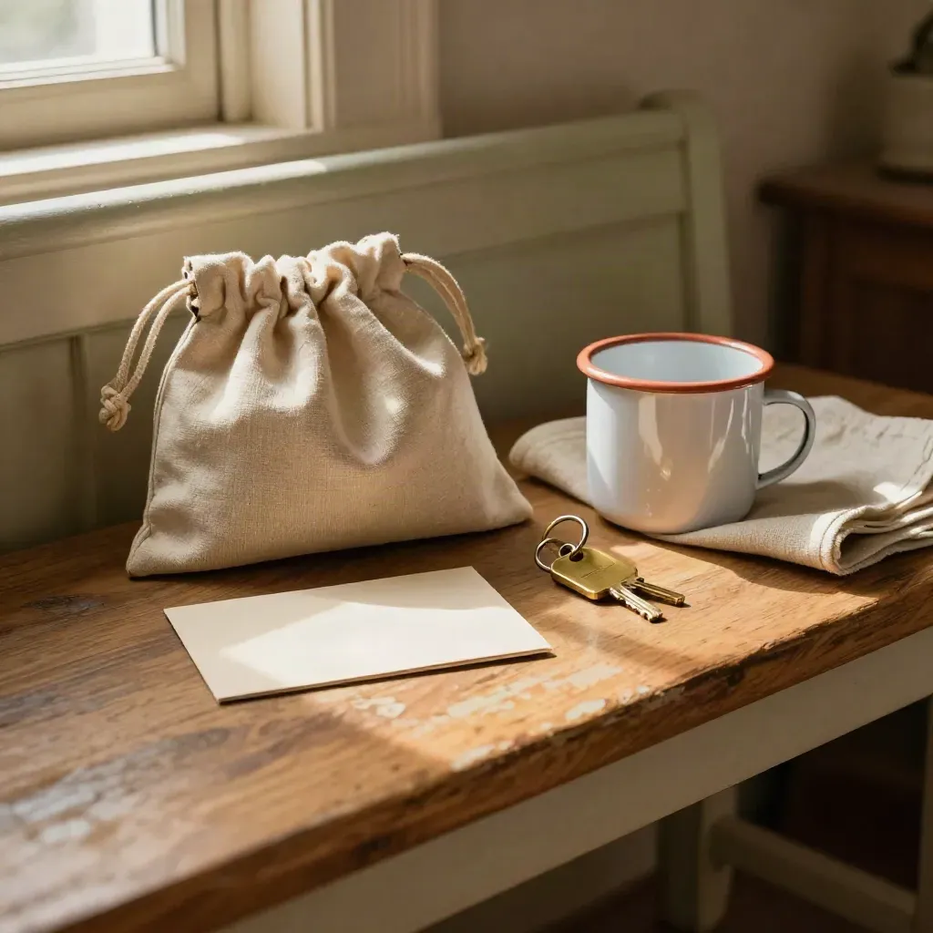 Warm membership bundle on a bench with pouch, brass tag, card sleeve, and enamel mug by window light.