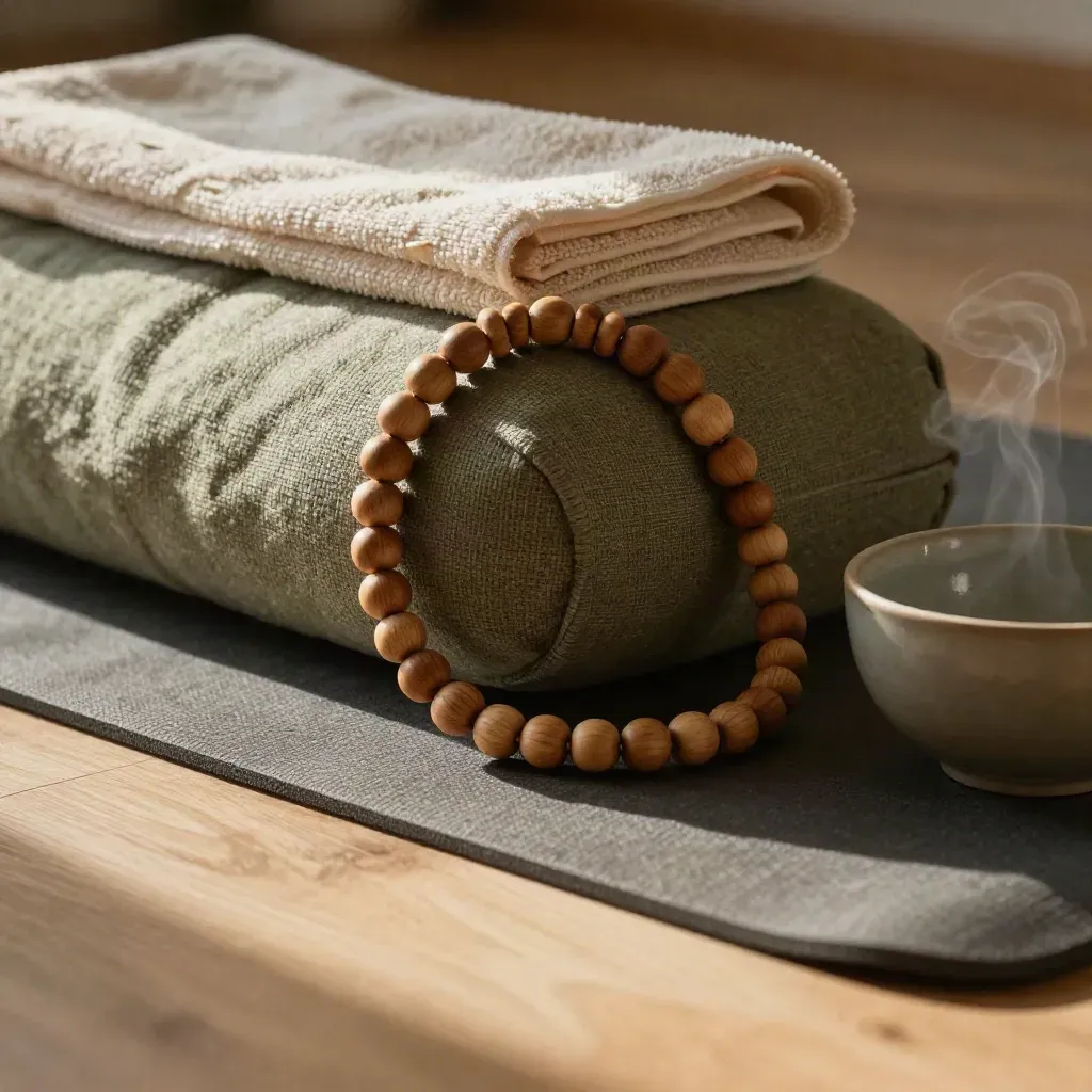 Close macro of mindfulness props: bolster, towel, wooden beads and steaming ceramic bowl.