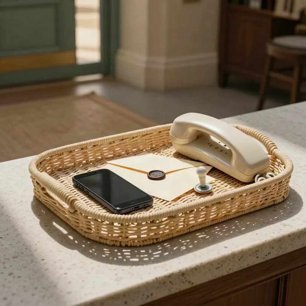 Woven referral tray with phone, handset, envelope and map-pin token in moody lamplight.