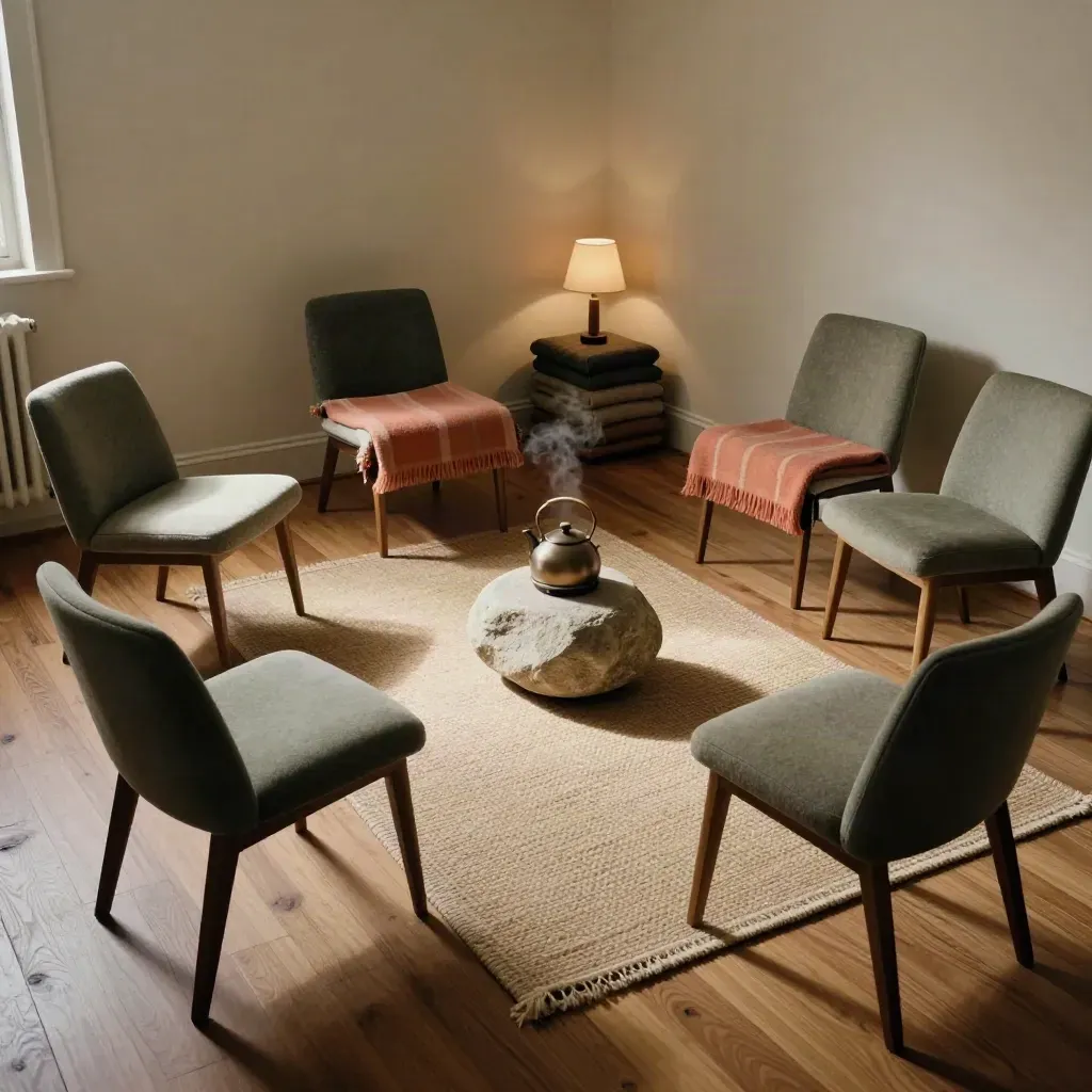 Pre-opening support room with chairs in an arc, kettle steam, and folded blankets by the wall.