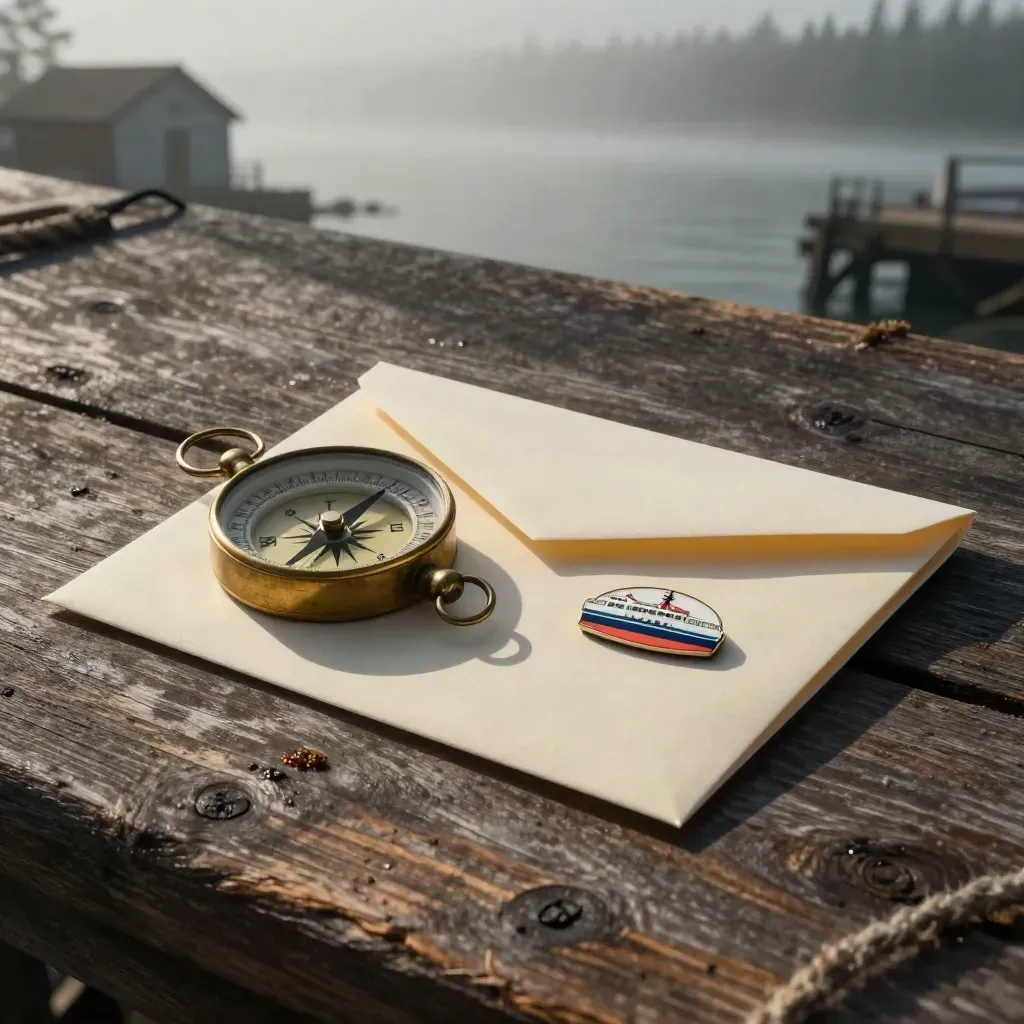 Brass compass, ferry token, and folded envelopes on salt-weathered cedar in coastal haze.