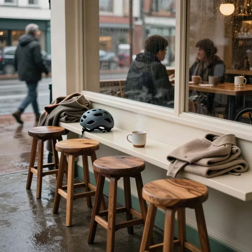 Rainy café meetup corner with stools, helmet, folded coats, and steaming mug
