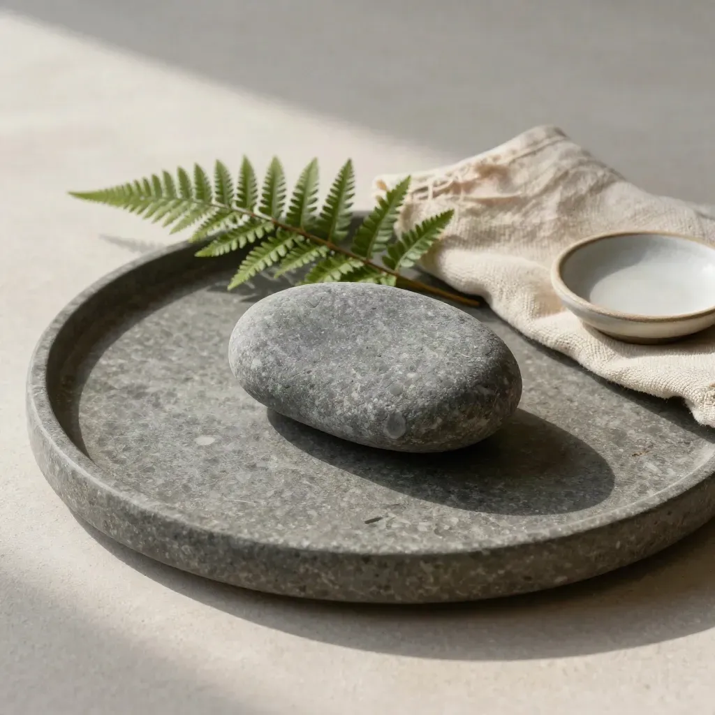 River stone speaking piece on stone tray with fern, linen cloth, and ceramic dish.