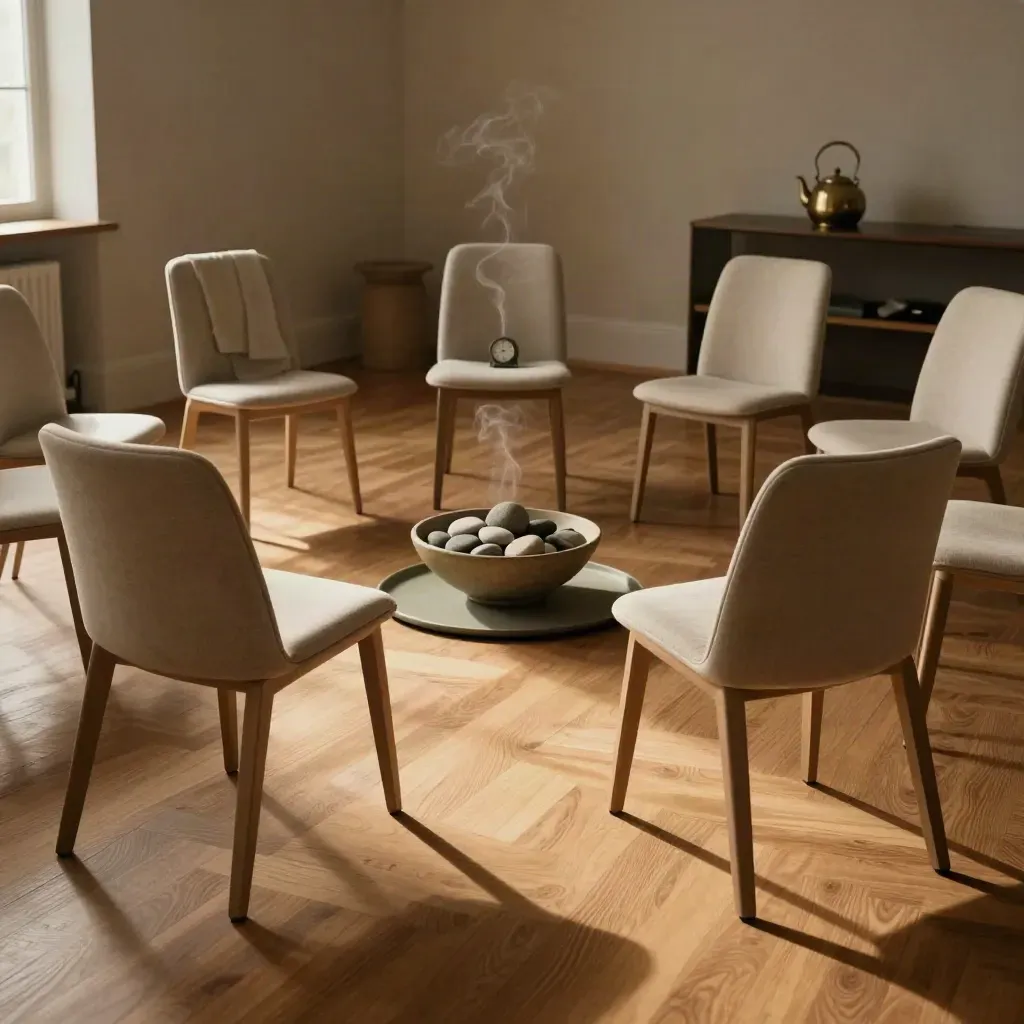 Low wide view of six chairs, prompt stones, and a turned timer in a calm wellness room.