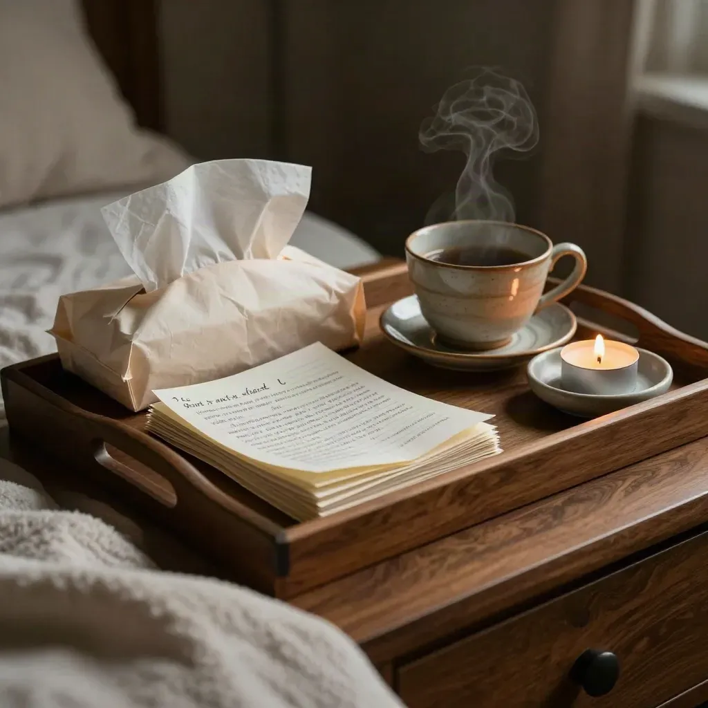 Bedside tray with tea, tissues, folded notes, and a candle in a dark, quiet bedroom.