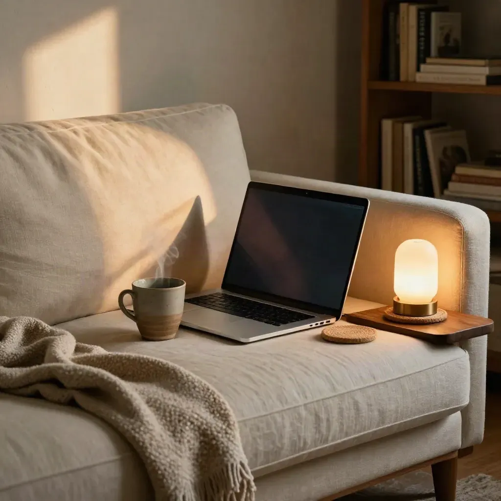 Cozy home nook with laptop, steam mug, blanket and glowing lamp for an online Sunday room.