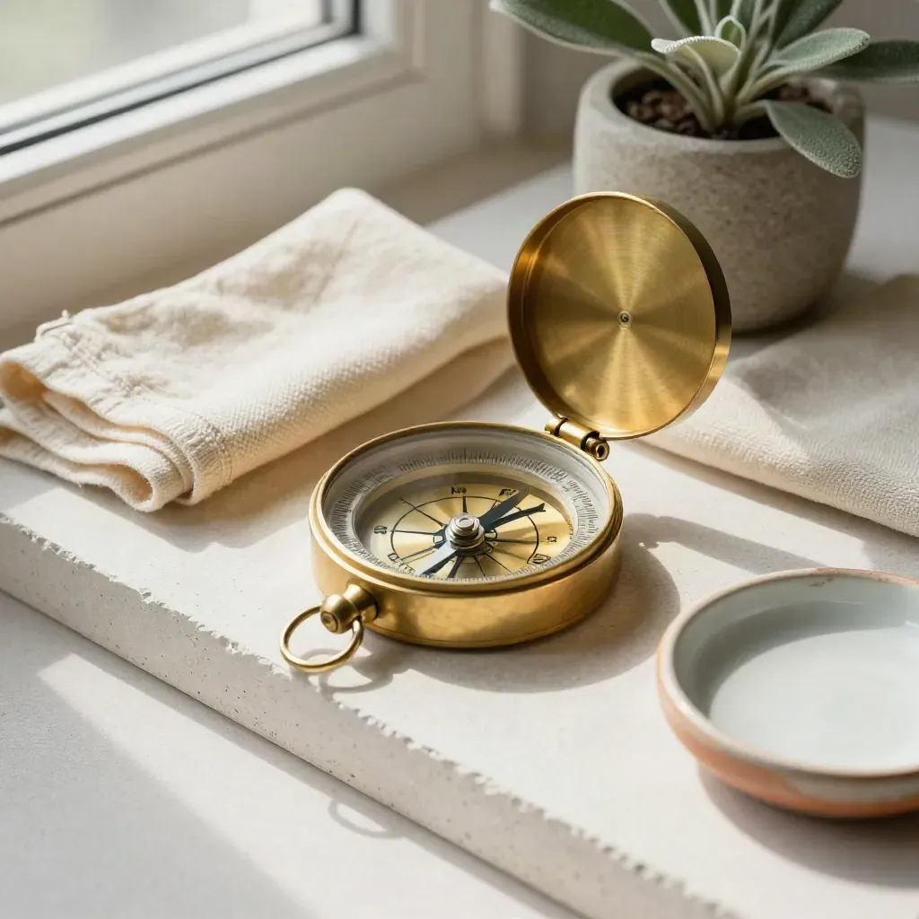 Brass compass, folded cloth, small plant and ceramic dish on soft plaster in warm light.