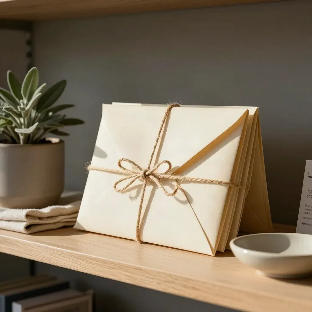 Cream referral envelopes tied with twine beside linen cloth, plant, and ceramic dish on pale wood