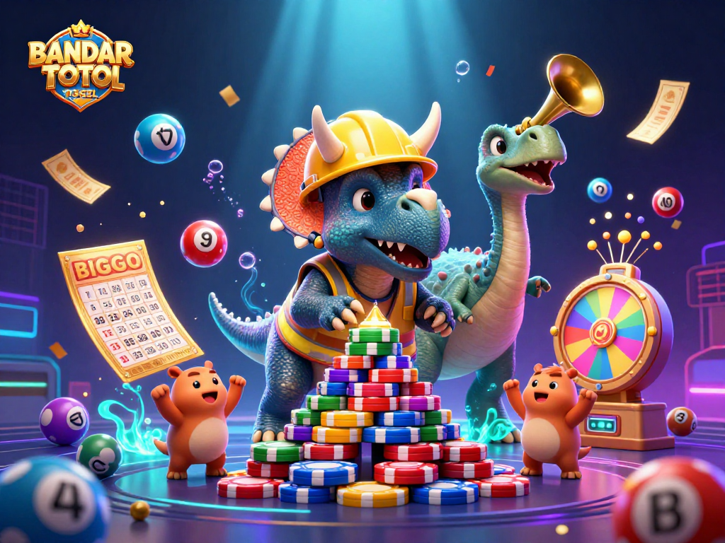 Engage with BANDAR TOTO TOGEL lottery excitement as colorful balls and characters create a vibrant scene.