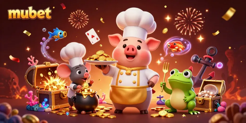 Engage in vibrant gaming action with mubet's energetic casino scene filled with treasures and excitement.