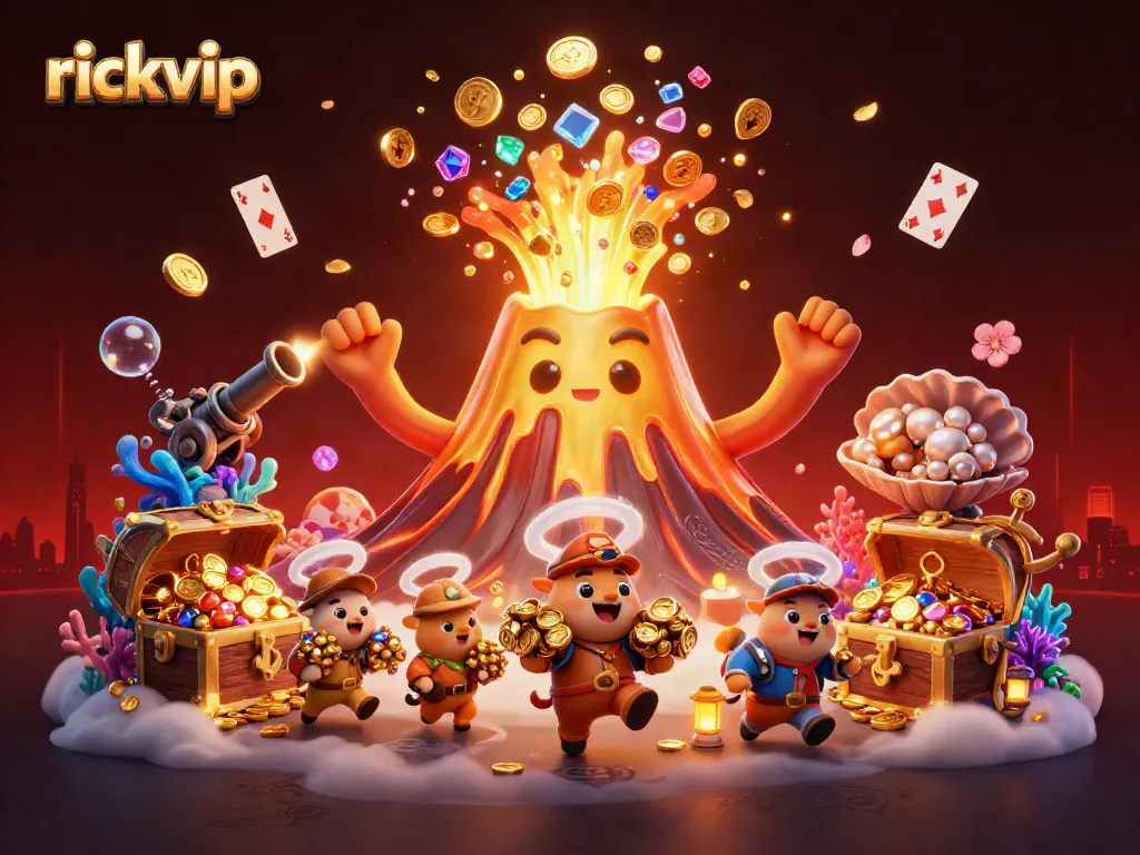 Engage with rickvip's exciting world of online gambling featuring a golden volcano treasure erupting.