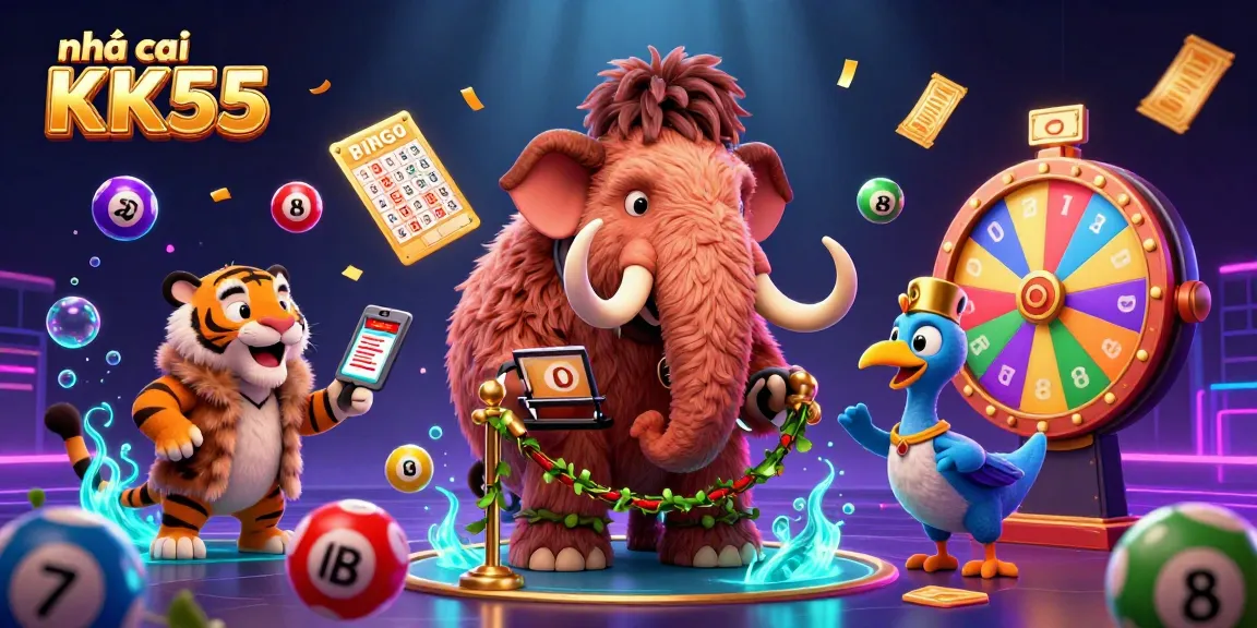 Experience exciting games at nhà cái KK55 with vibrant illustrations of lottery balls, a bouncer, and a rich casino atmosphere.