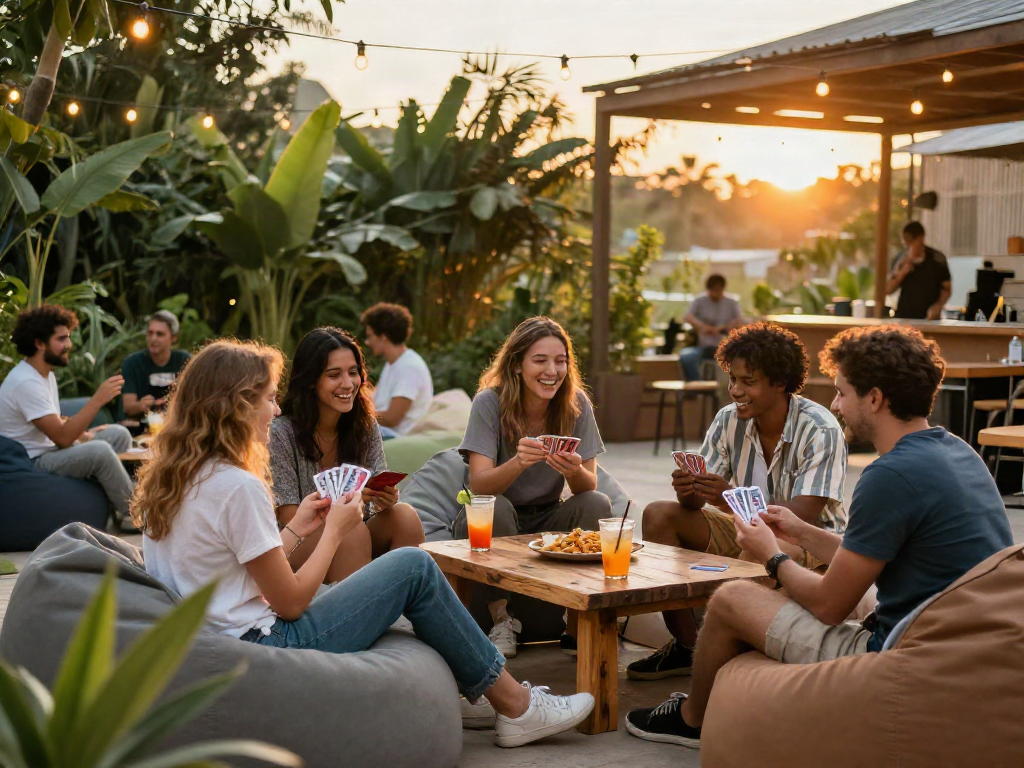 Friends enjoying the rokok88 link alternatif in a cozy lounge area with drinks and laughter.