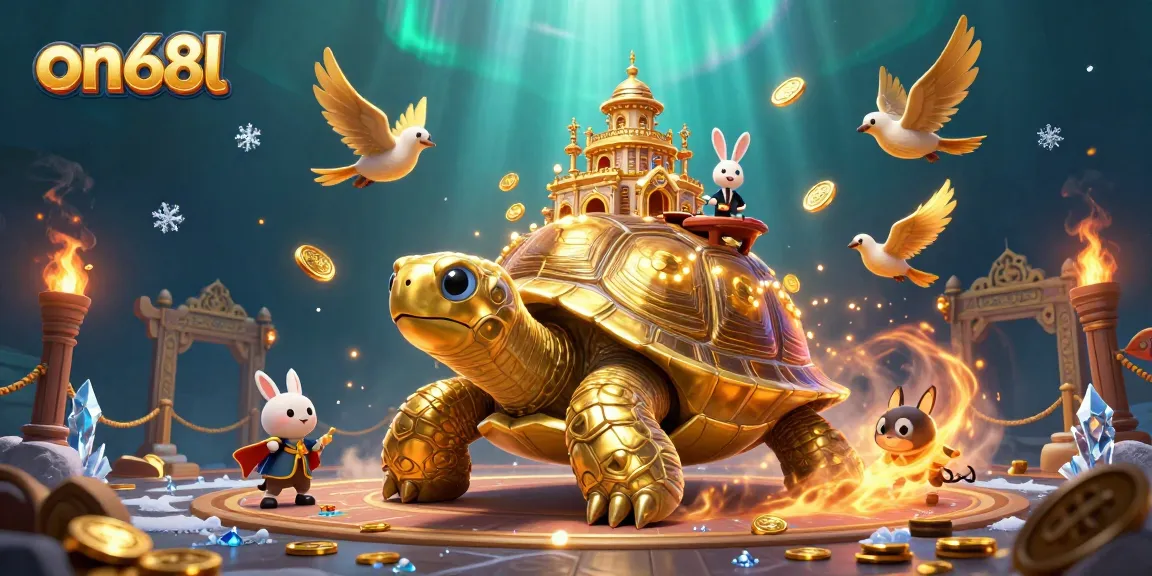 Experience thrilling wins at on68l with a 3D golden tortoise and rabbit dealer in a vibrant casino scene.