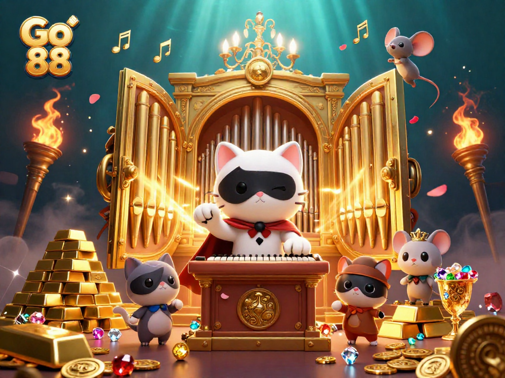 Experience the thrill of winning at Go 88 with a dazzling illustration featuring casino characters and treasures.
